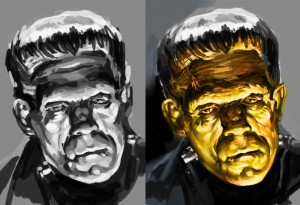 Work-in-progress for Basil Gogos' Frankenstein Painting in Photoshop